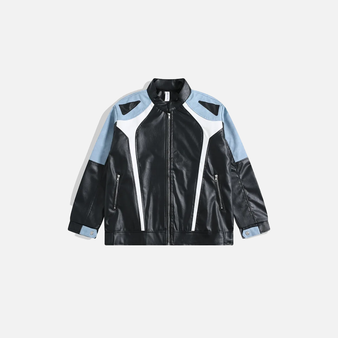 Vintage Patchwork Leather Jacket with Zipper