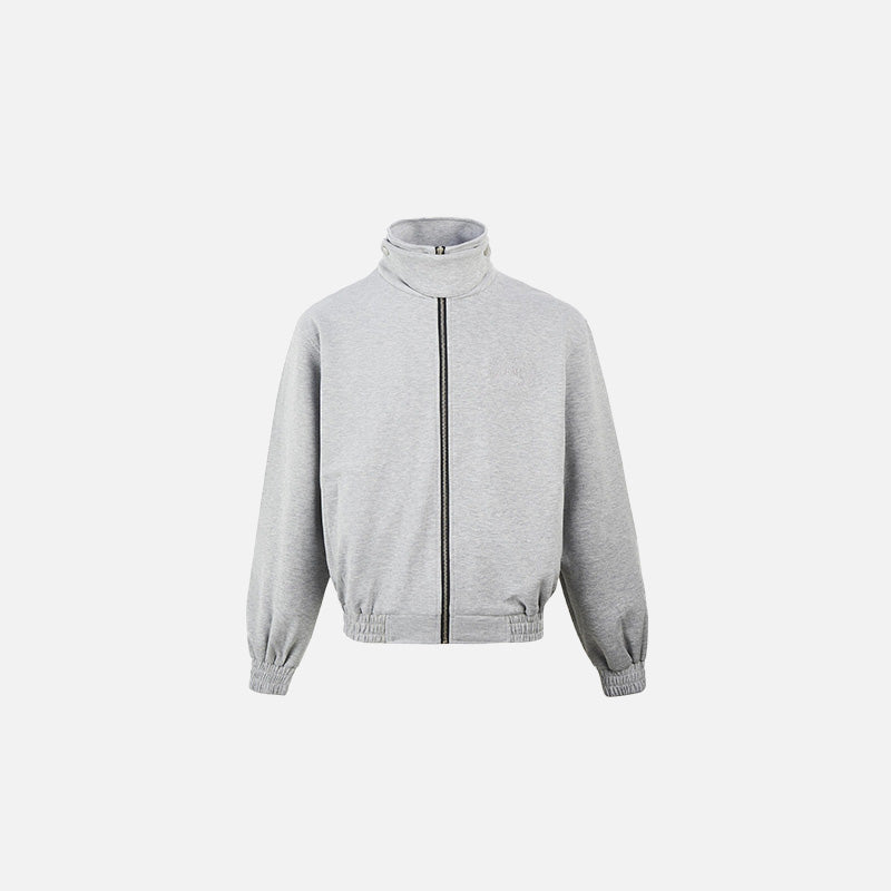 Front view of the gray Full-Zip High-Neck Track Jacket in a gray background