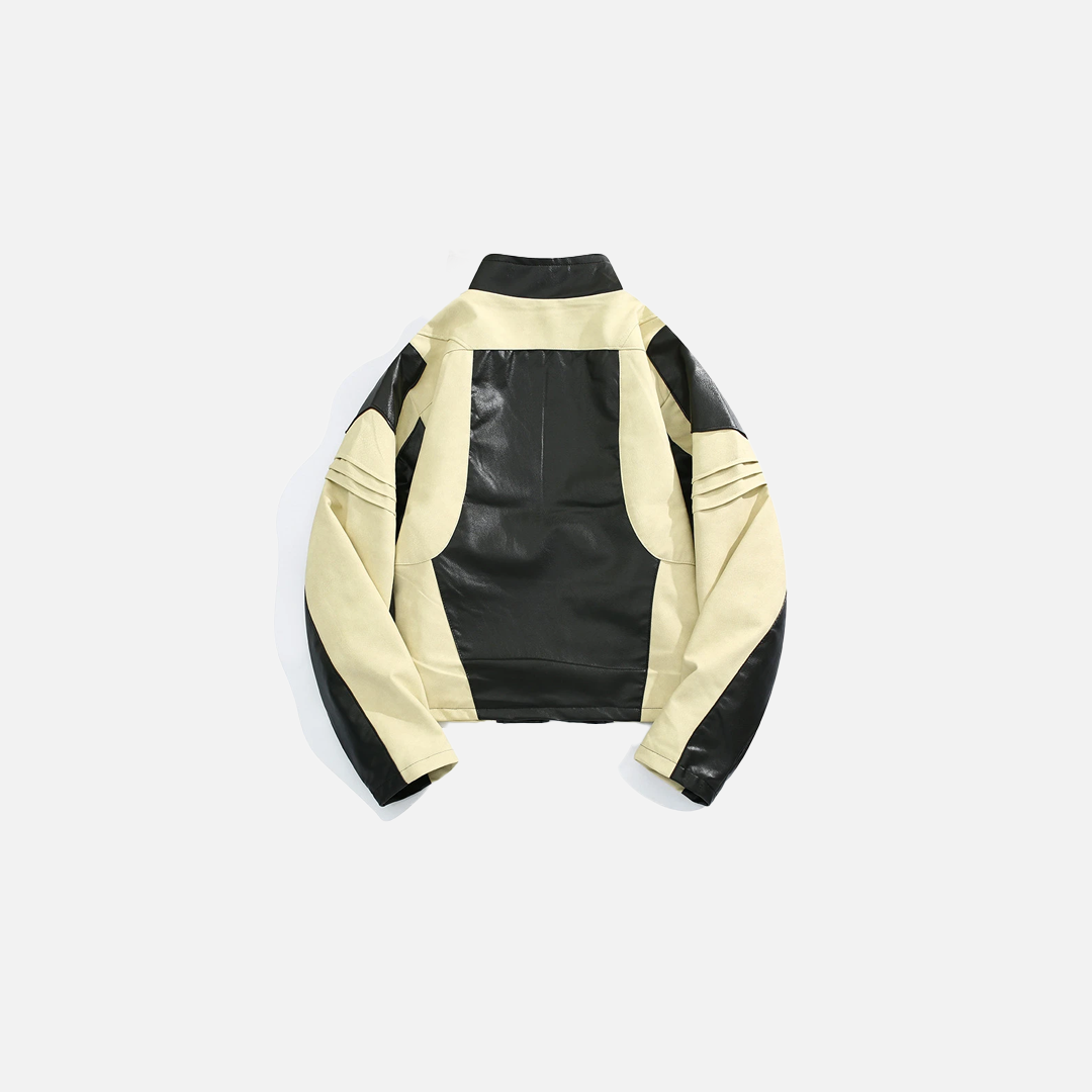 Pleated Contrast Biker Leather Jacket