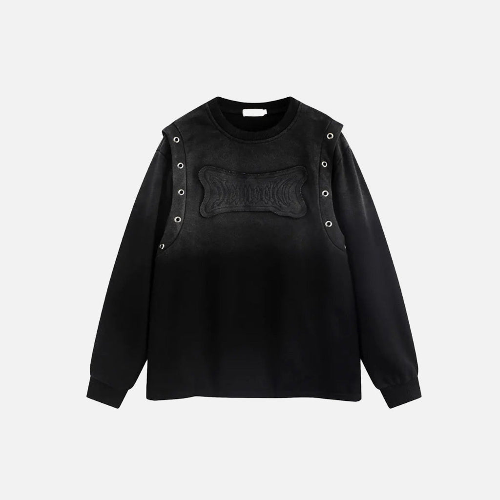 Front view of the black Rivet-Detail Textured Sweatshirt in a gray background