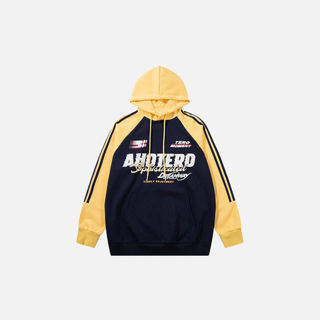 Front view of the blue Retro Athletic Dreamer Hoodie in a gray background