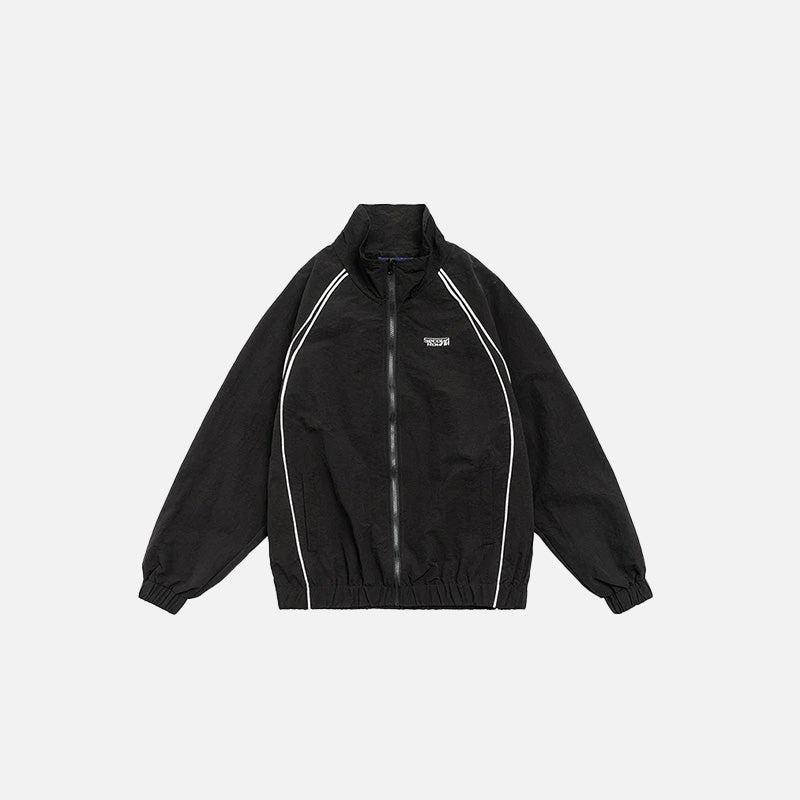 Front view of the black Vintage Striped Varsity Jacket in a gray background 