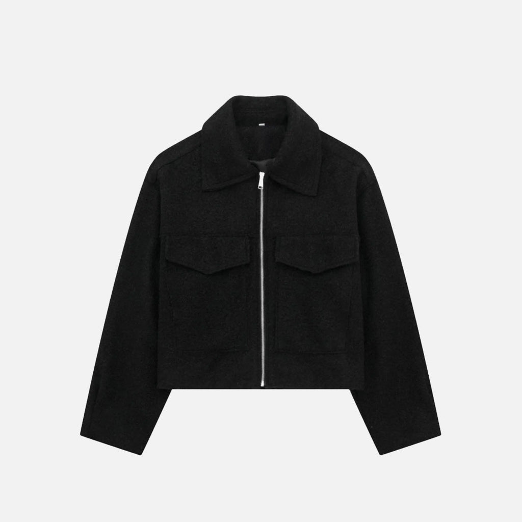 Front view of the black Quilted Utility Jacket in a gray background