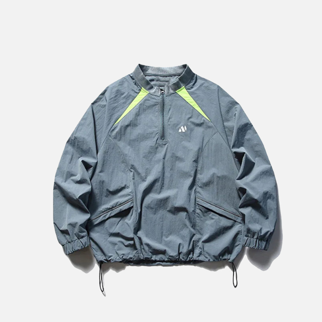 Front view of the black Sporty Half-Zip Windbreaker Jacket in a gray background