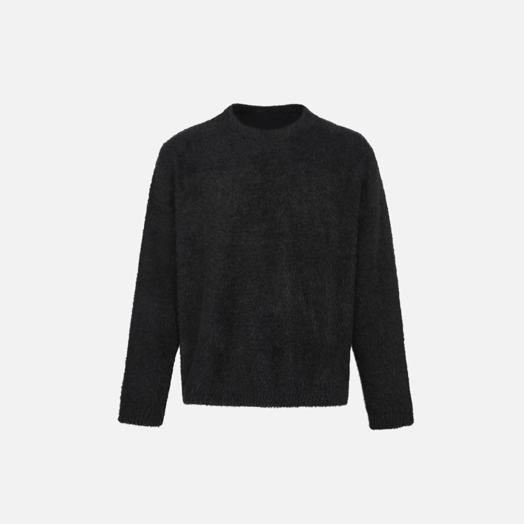 Front view of the black Classic Crew Neck Sweater in a gray background