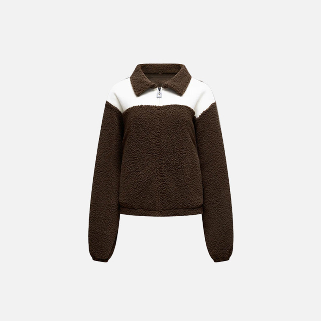 Front view of the coffee Cozy Women's Plush Jacket in a gray background