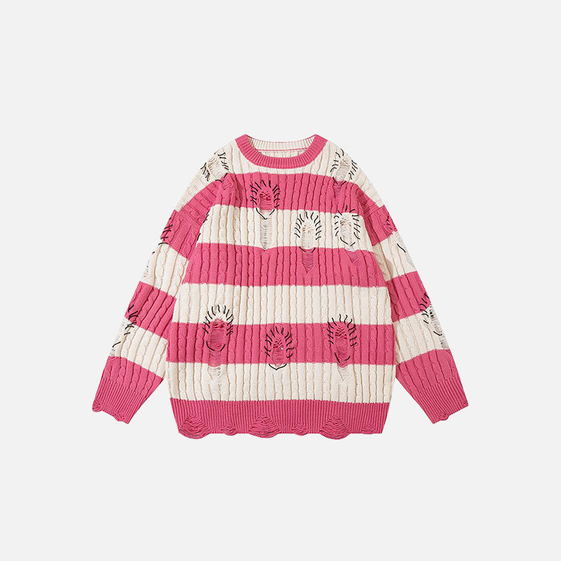 Loose Stripped Distressed Knitted Sweater