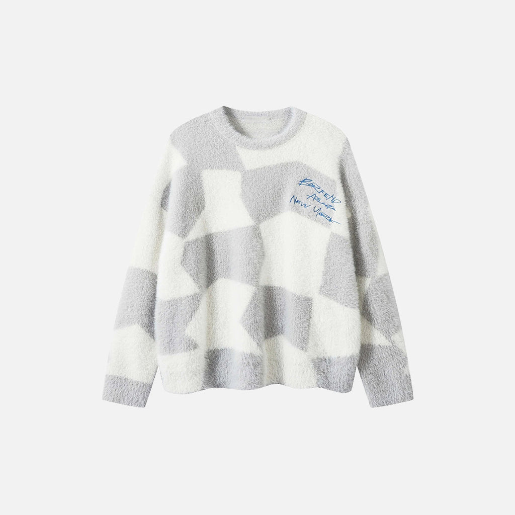 Front vew of the beige Y2K Abstract Grid Knitted Sweater in a gray background