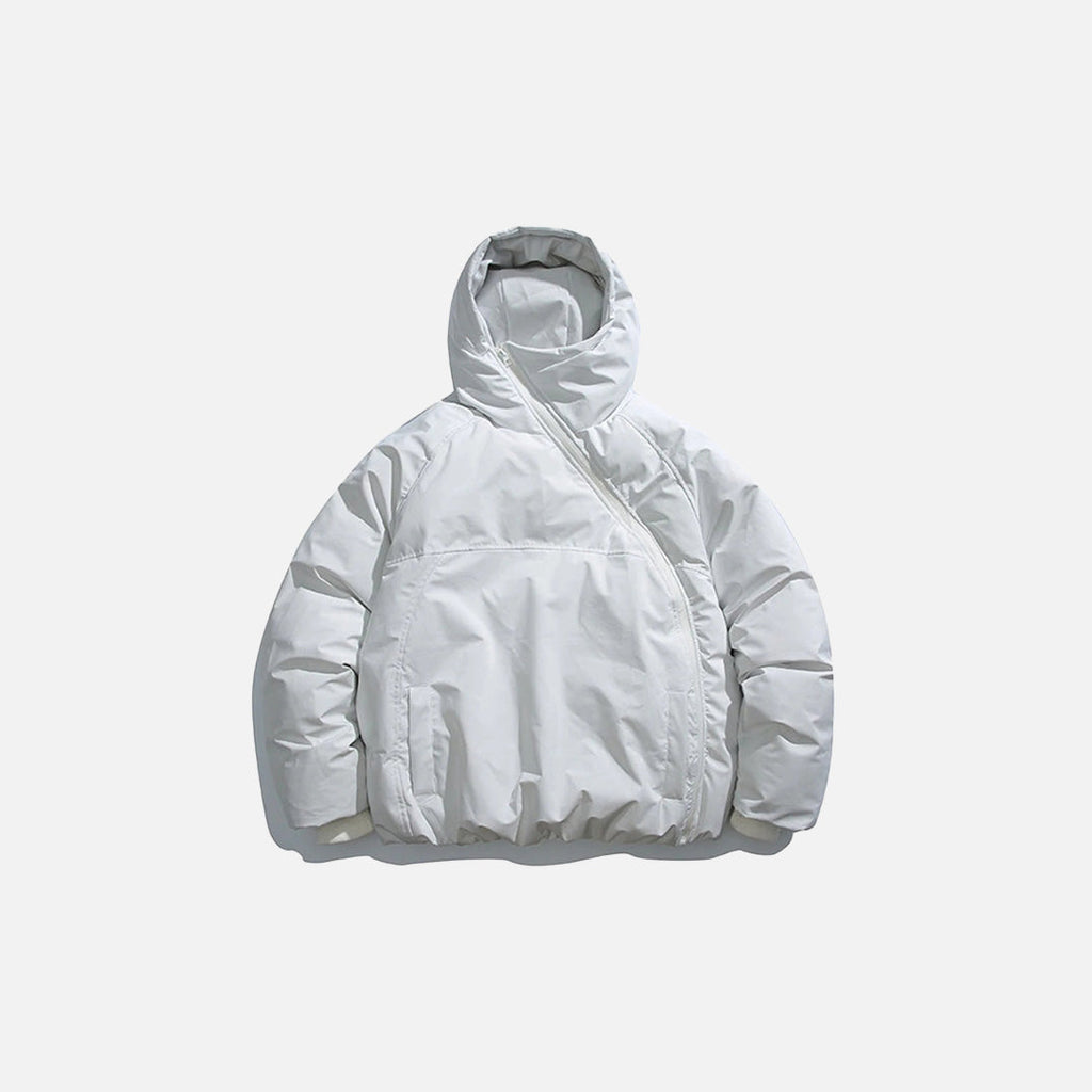 Front view of the white Cross-Zip Quilted Jacket in a gray background