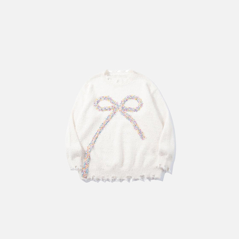 Front view of the white Bow-Knot Embellished Sweater in a gray background