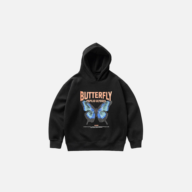 Front view of the black Varsity Butterfly Print Hoodie in a gray background