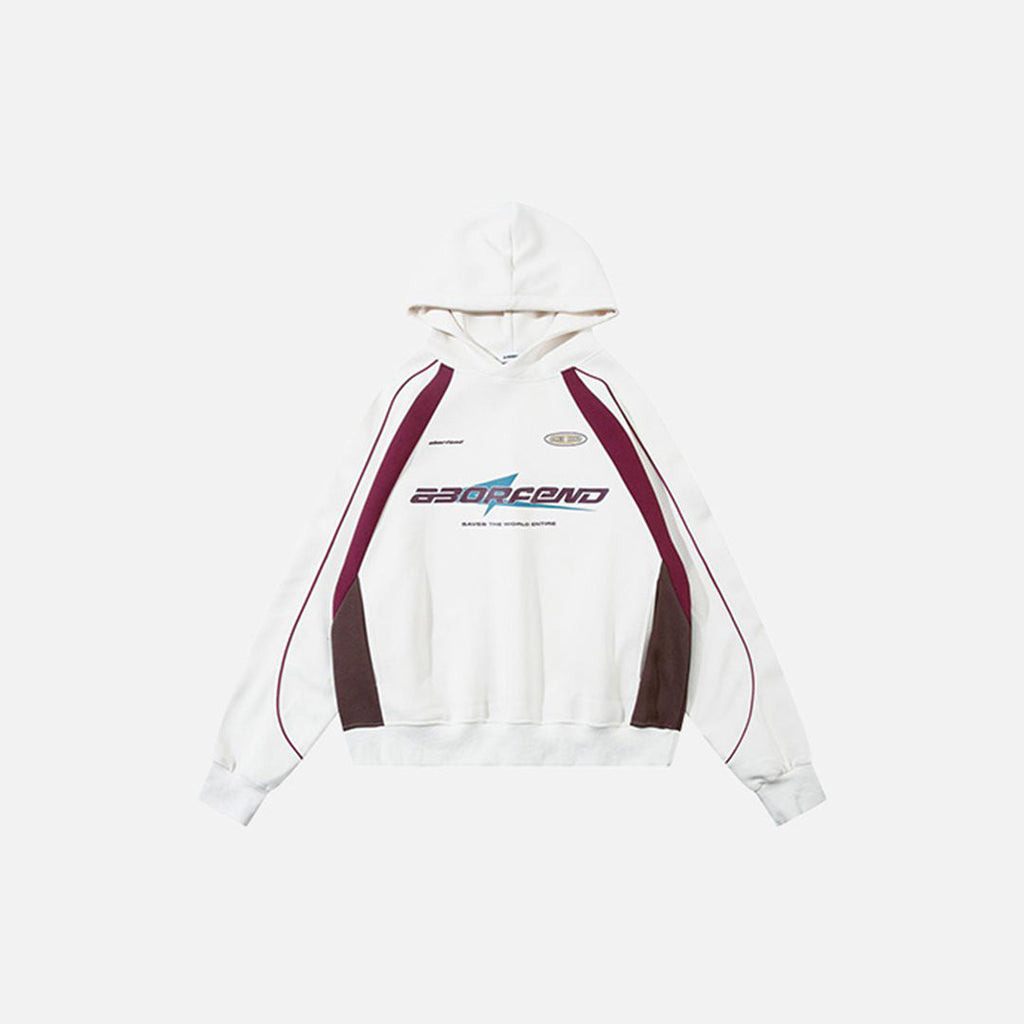 Front view of the white Speedway Graphic Hoodie in a gray background