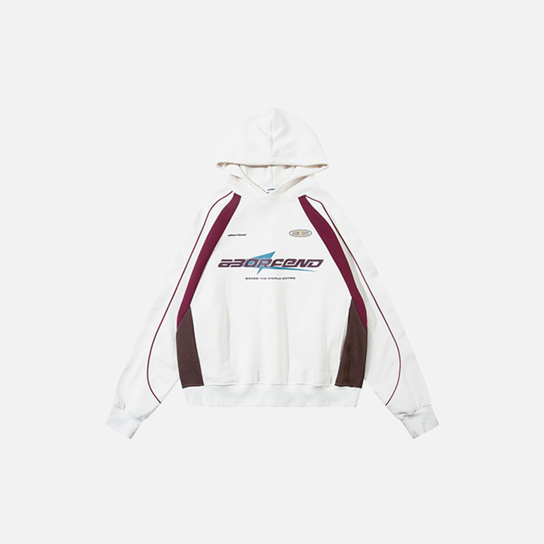 Front view of the white Speedway Graphic Hoodie in a gray background