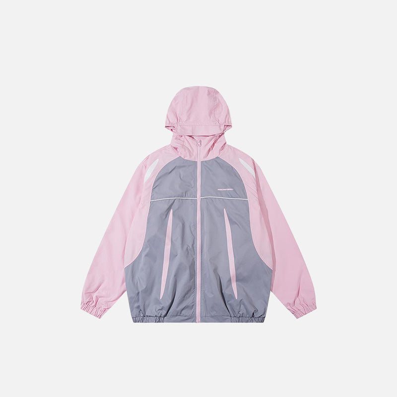 Retro Color Block Hooded Windbreaker Jacket