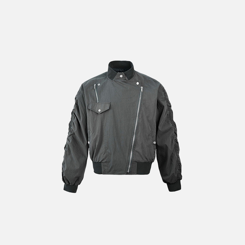 Front view of the dark gray Utility Pocket Aviator Jacket in a gray background