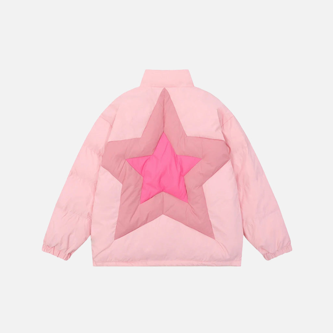 Back view of the Pink Star Patch Puffer Jacket in a gray background