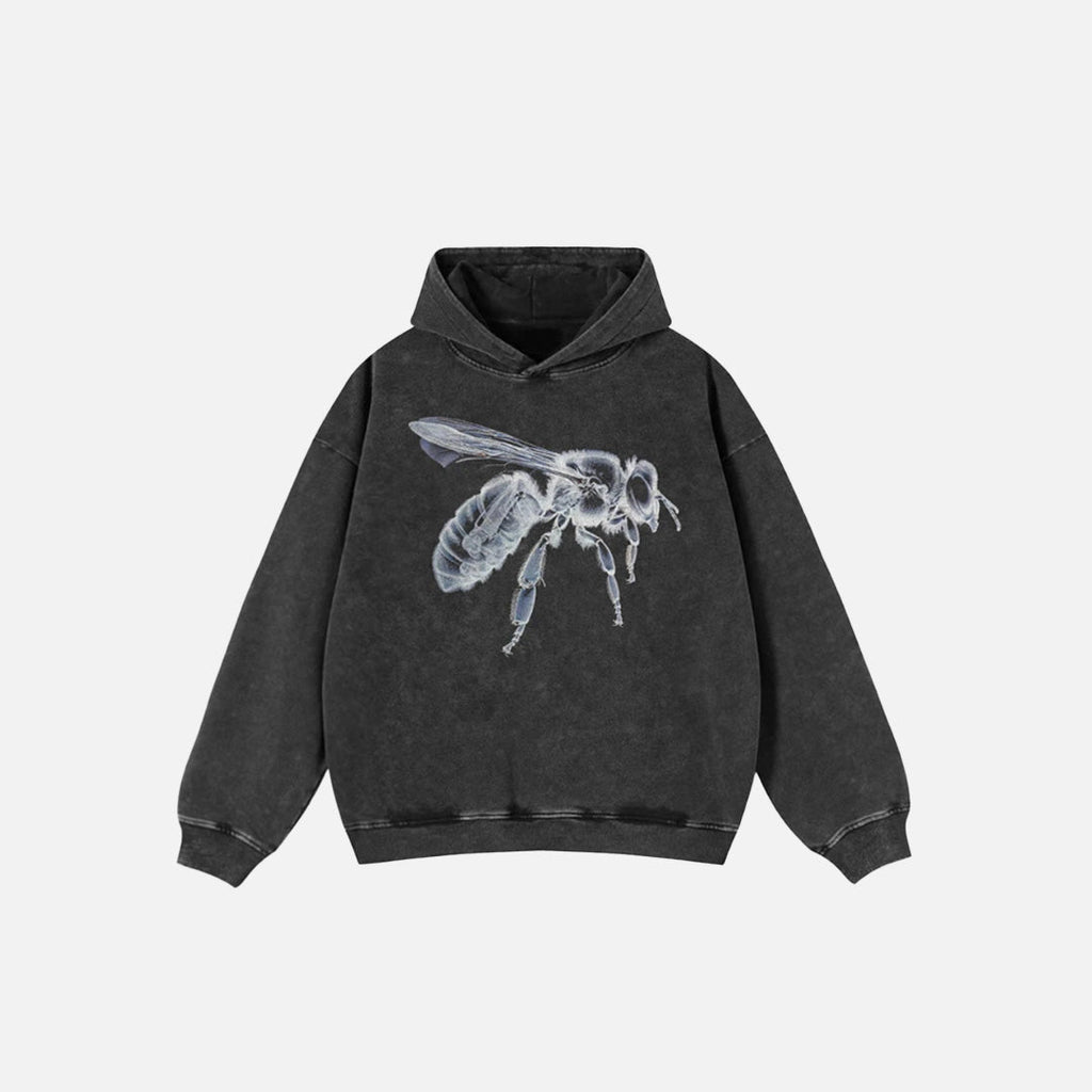 Front view of the black Y2K Insect Embroidered Hoodie in a gray background