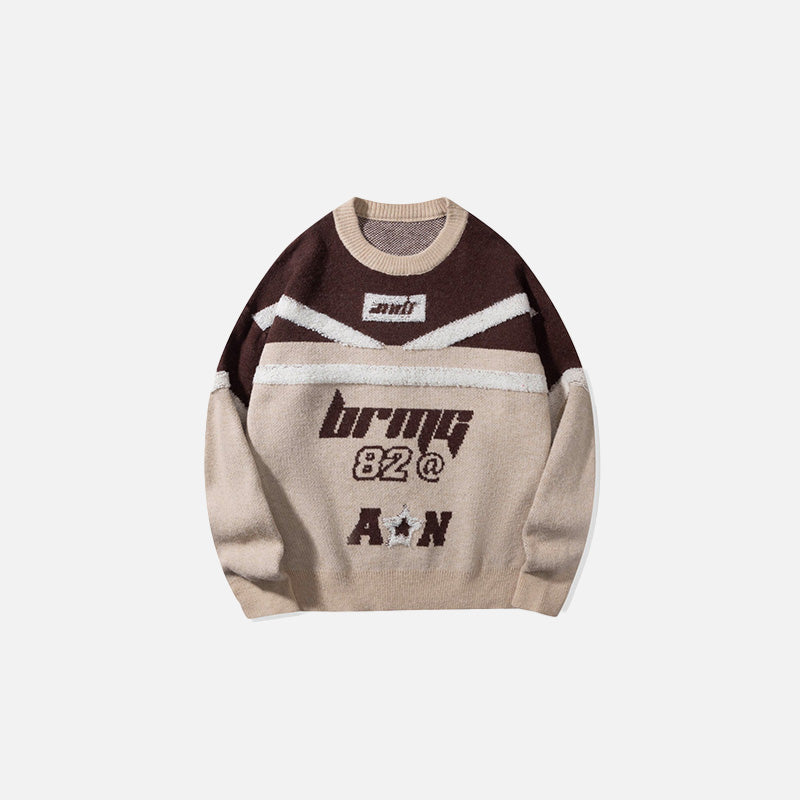Front view of the coffee Retro Varsity Graphic Sweater in a gray background