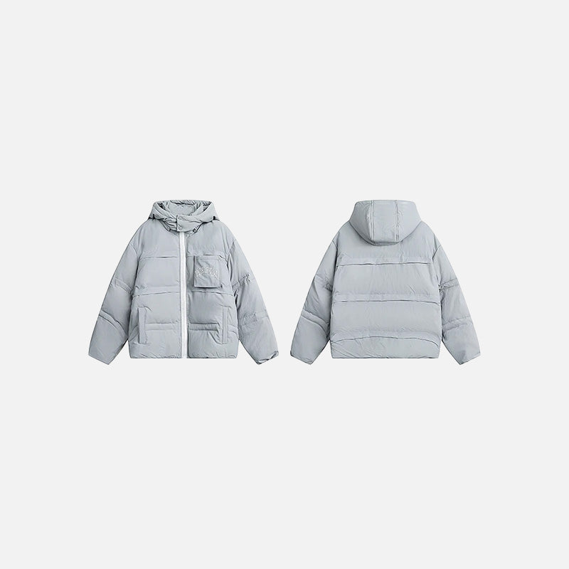 Front & Back View of the gray Solid Hooded Collar Puffer Jacket in a gray background