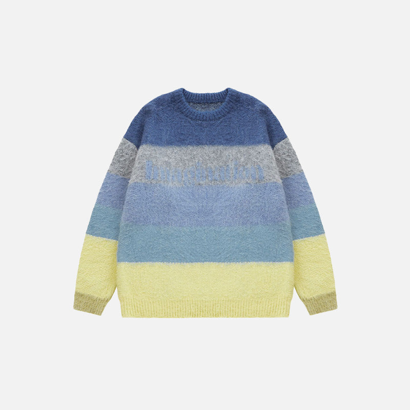Front view of the blue  Fuzzy Loose Striped Contrast Color Sweater in a gray background 