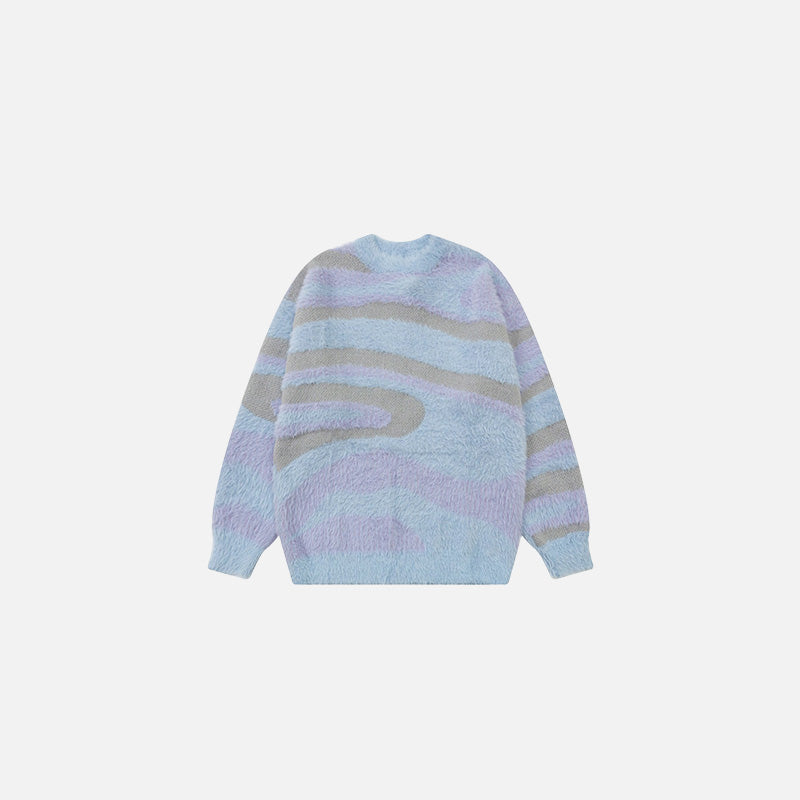 Front view of the blue Wave Patterned Sweater in gray background