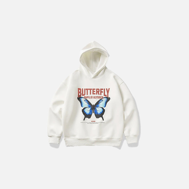 Front view of the white Varsity Butterfly Print Hoodie in a gray background