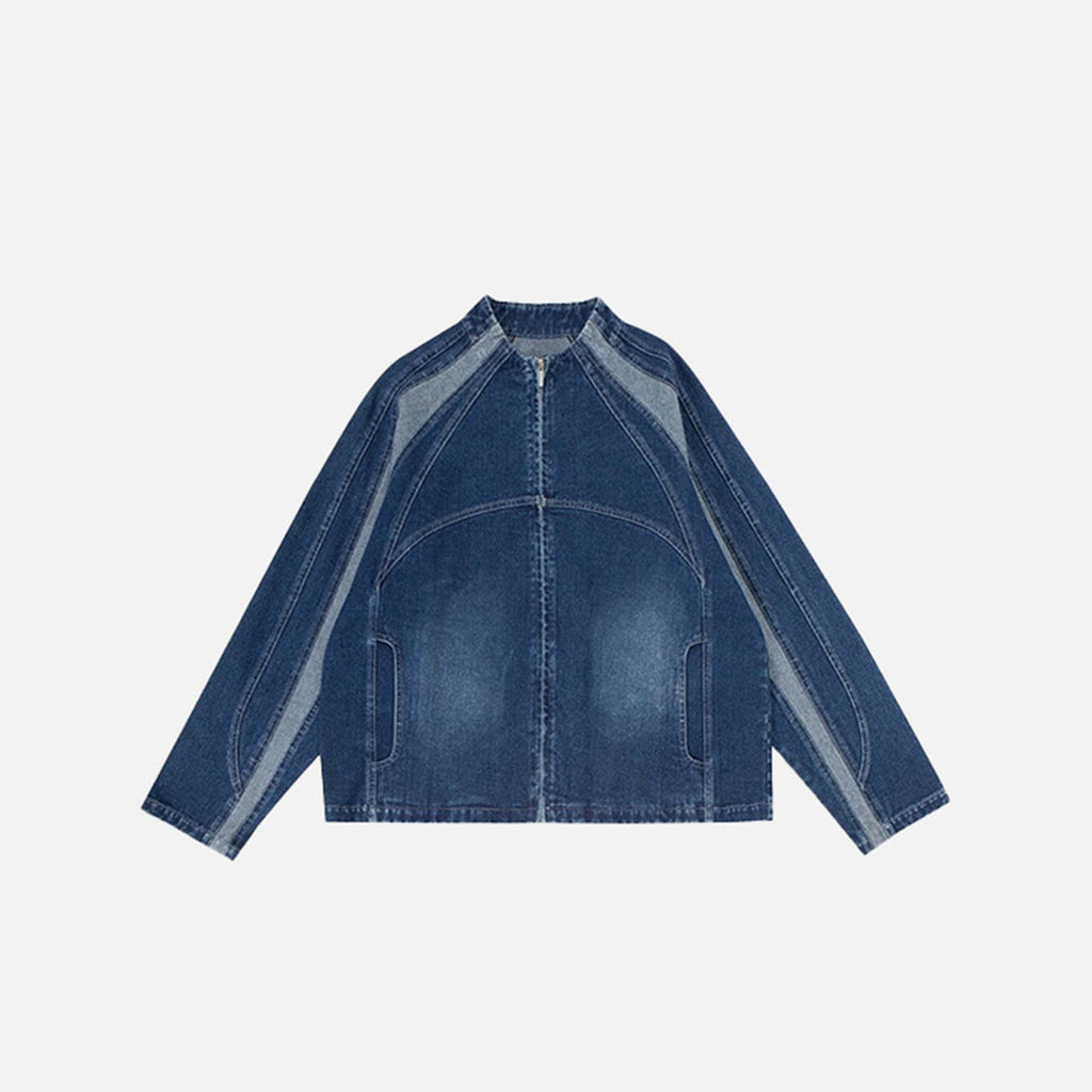 Front view of the blue Denim Racer Jacket in a gray background