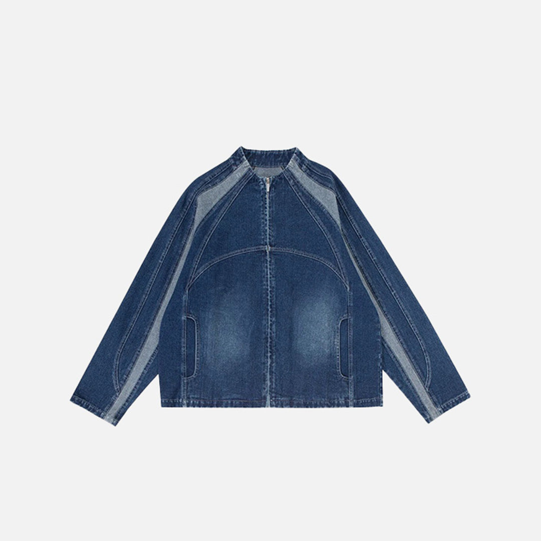 Front view of the blue Denim Racer Jacket in a gray background