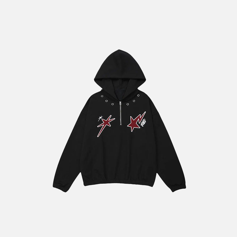 Front view of the black Loose Star Embroidery Hoodie in a gray background