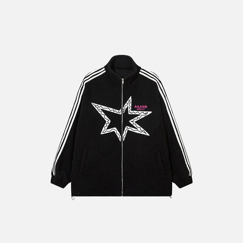 Front view of black Striped Fleece Stars Jacket in a gray background