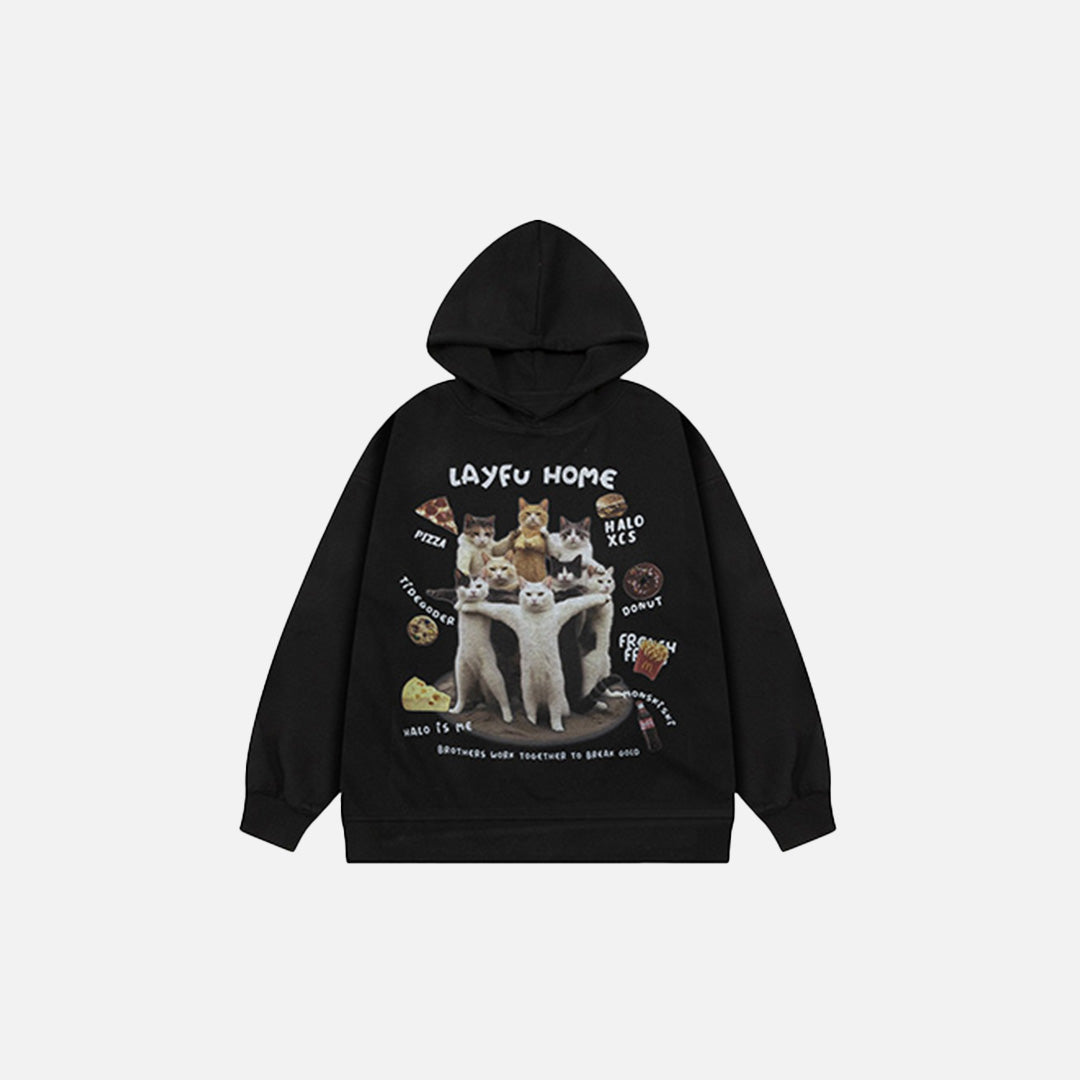 Front view of the black Playful Cats Graphic Hoodie in a gray background