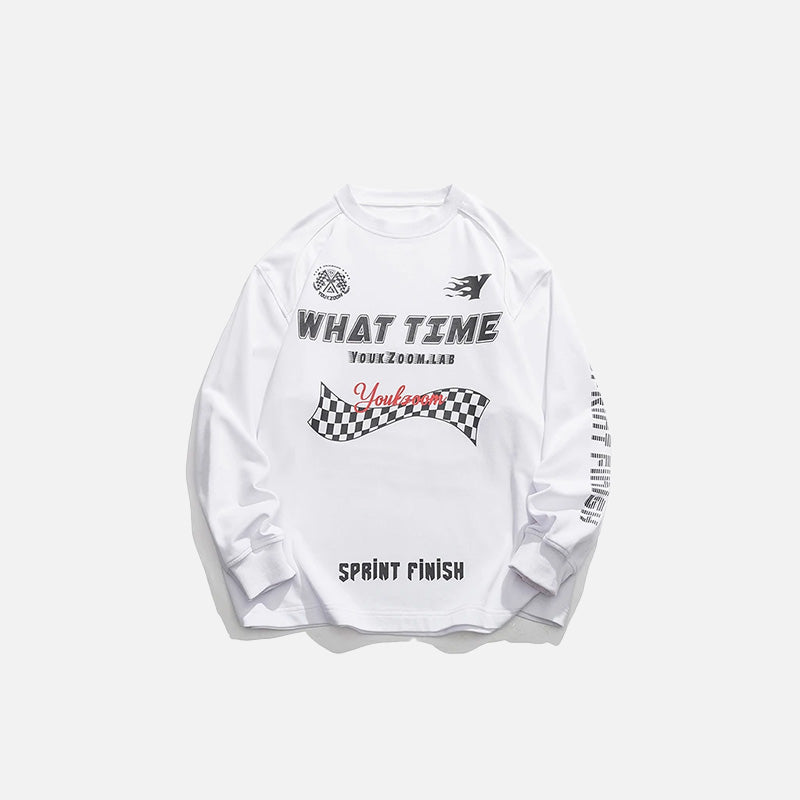 Front view of the white Oversized Racing Loose Sweatshirt in a gray background