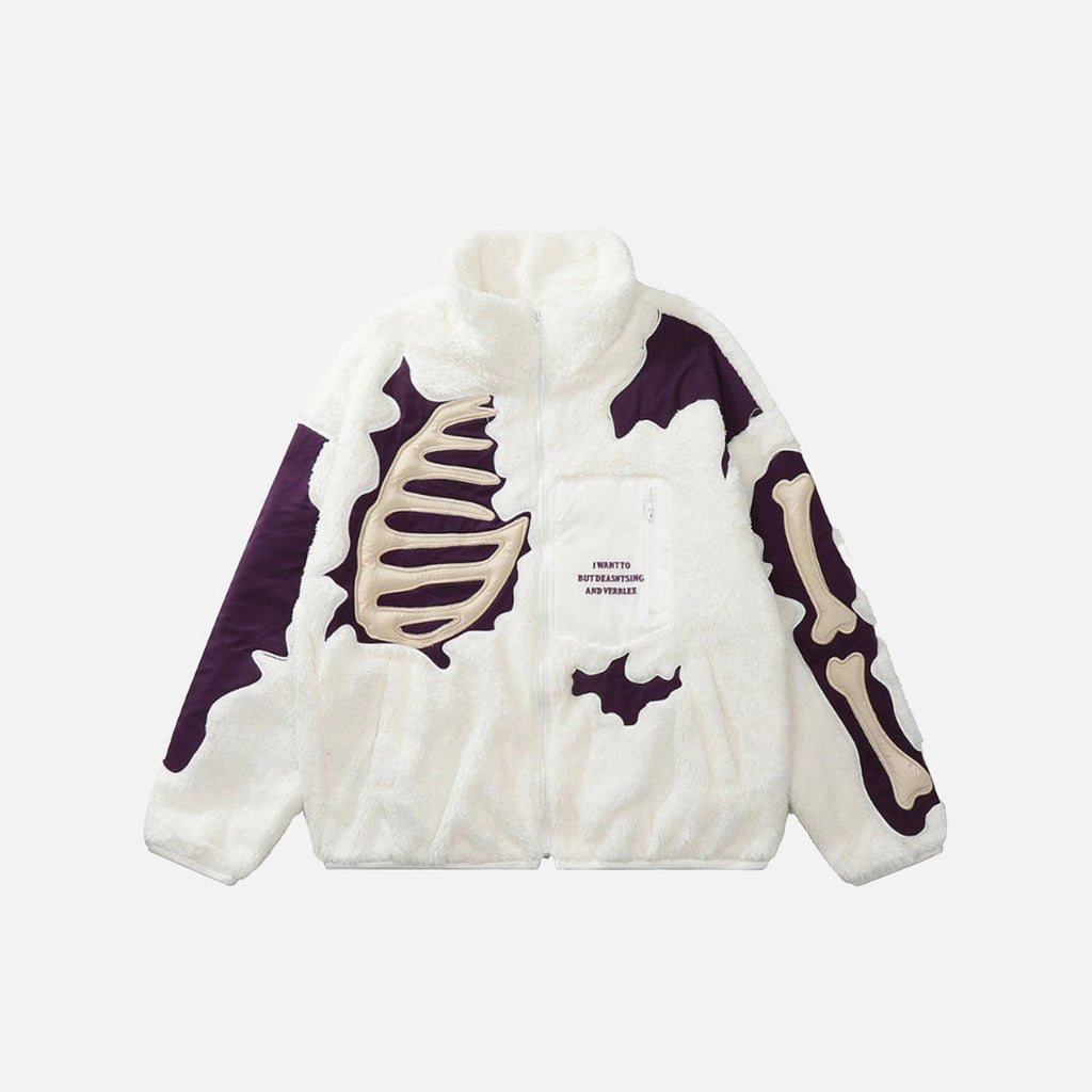 Front view of the white Skeleton Themed Fleece Jacket in a gray background