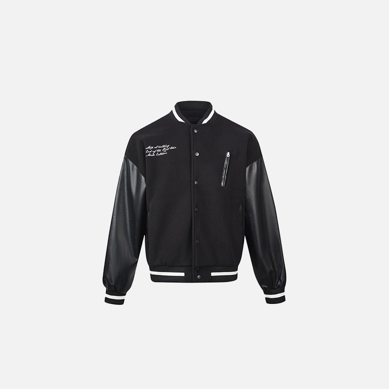 Front view of the black Retro Varsity Jacket in a gray background