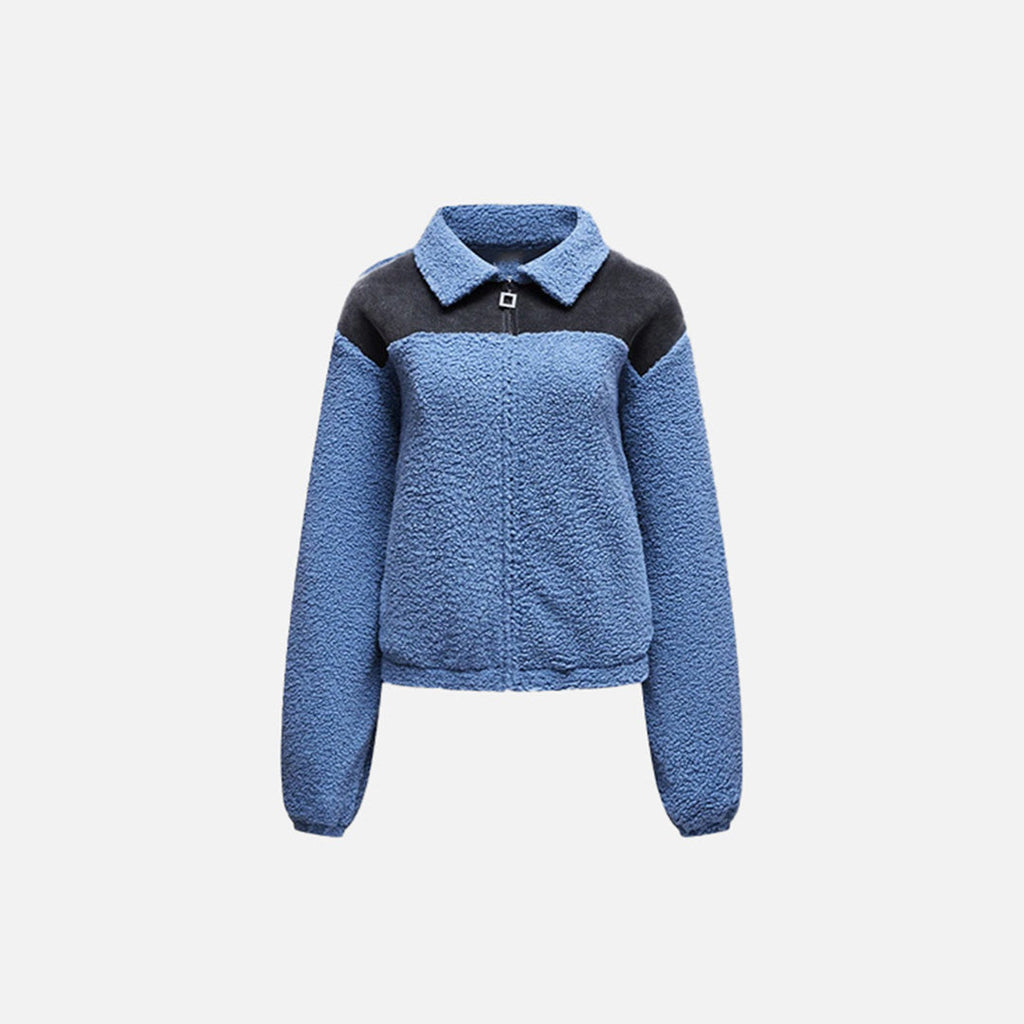 Front view of the blue Cozy Women's Plush Jacket in a gray background