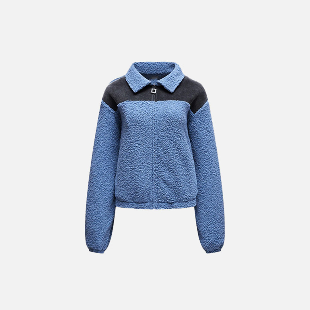 Front view of the blue Cozy Women's Plush Jacket in a gray background