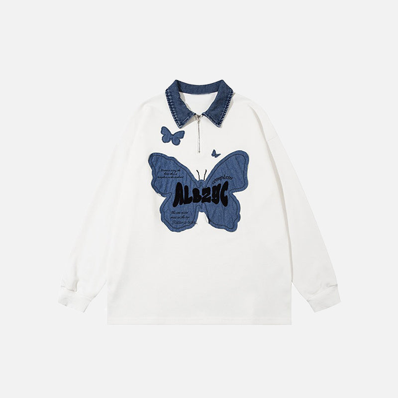 Butterfly Patches Oversized Denim Sweatshirt