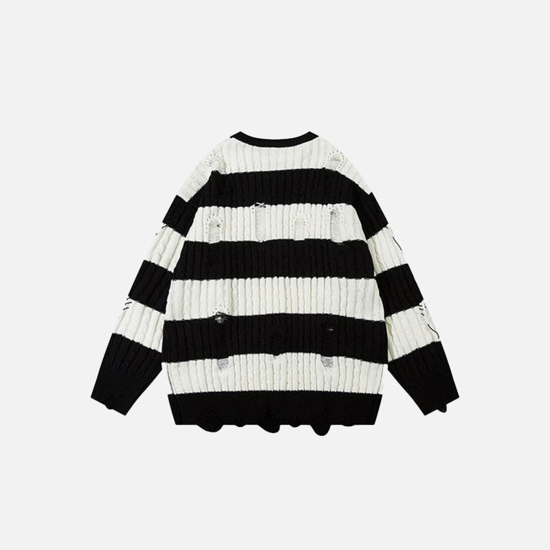 Loose Stripped Distressed Knitted Sweater
