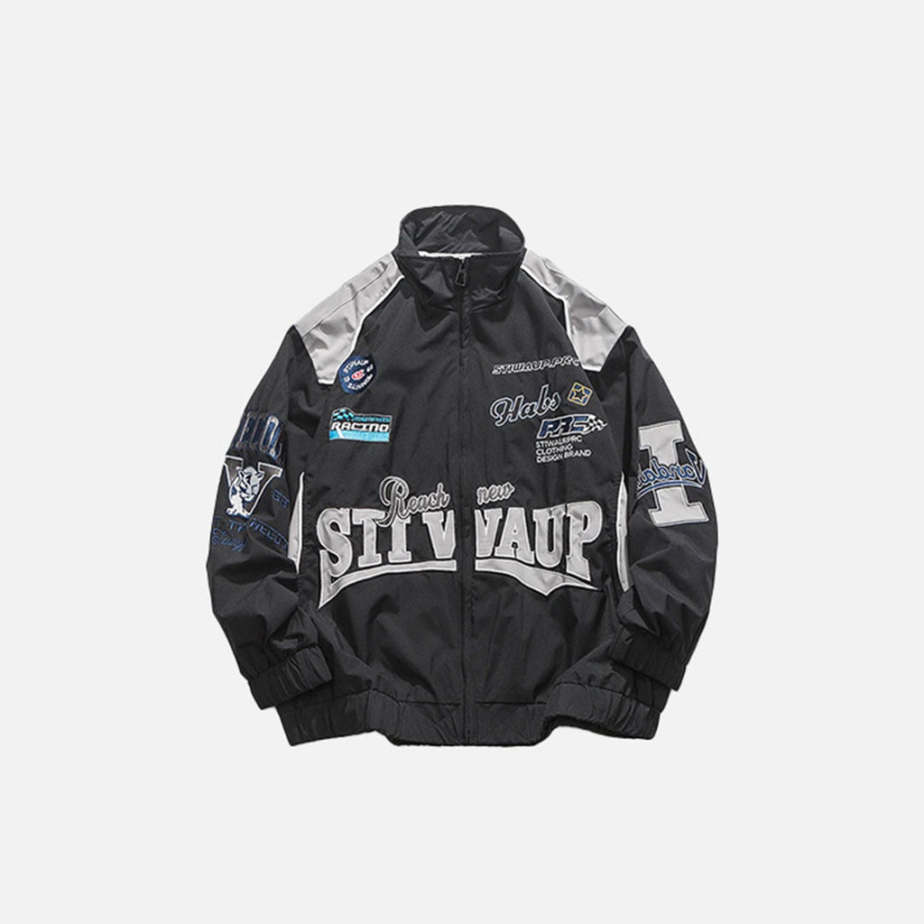 Front view of the black Letter-Embroidered Racing Jacket in a gray background 