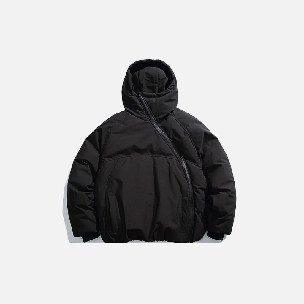 Front view of the black Cross-Zip Quilted Jacket in a gray background