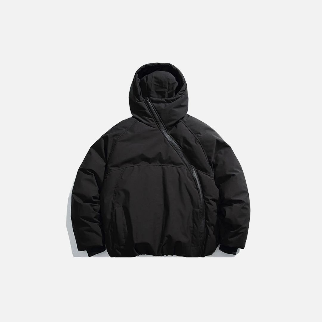 Front view of the black Cross-Zip Quilted Jacket in a gray background