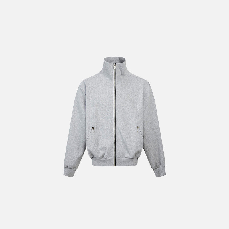 Front view of the High-Collar Zippered Jacket in a gray background