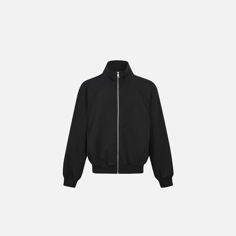 Front view of the black Zenith Zip-Up Jacket in a gray background