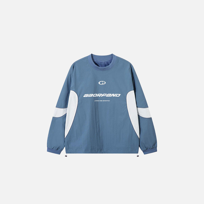 Front view of the blue Futuristic Graphic Sweatshirt in a gray background