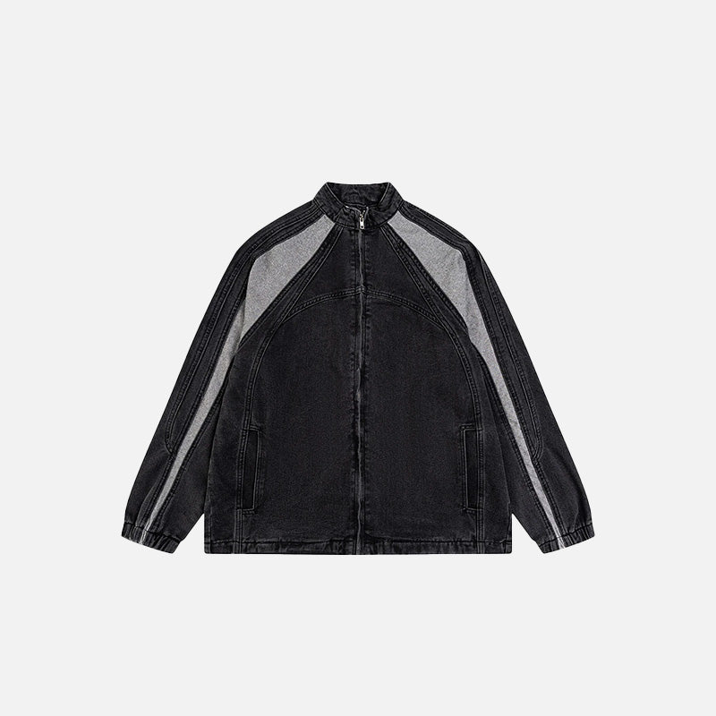 Front View of the black Shadow Stripes Denim Jacket in a gray background