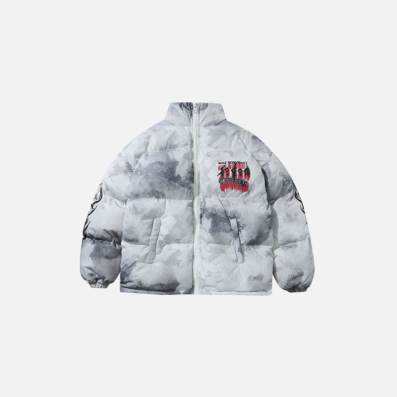 Front view of the white "I Made This Hell My Home" Puffer Jacket in a gray background