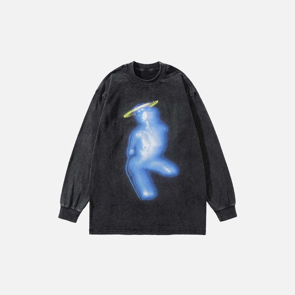 Front view of the black Y2K Halo Spirit Sweatshirt in a gray background