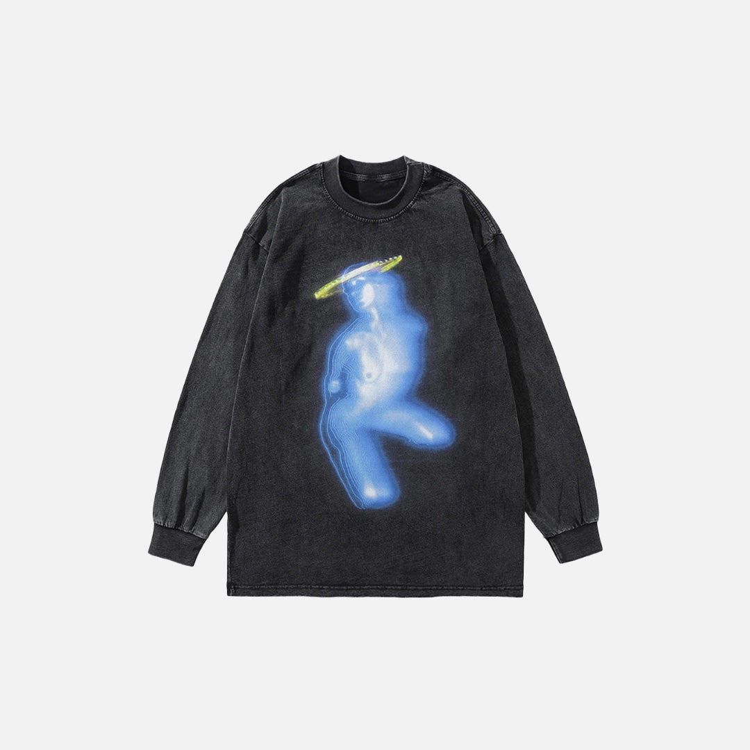 Front view of the black Y2K Halo Spirit Sweatshirt in a gray background