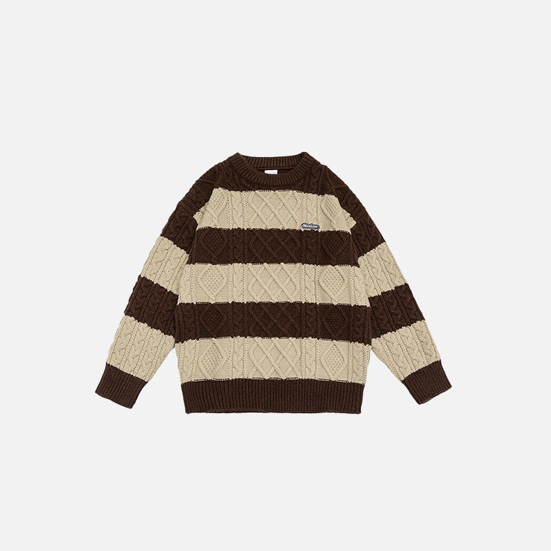 Front view of the brown Classic Cable Knit Sweatshirt in a gray background