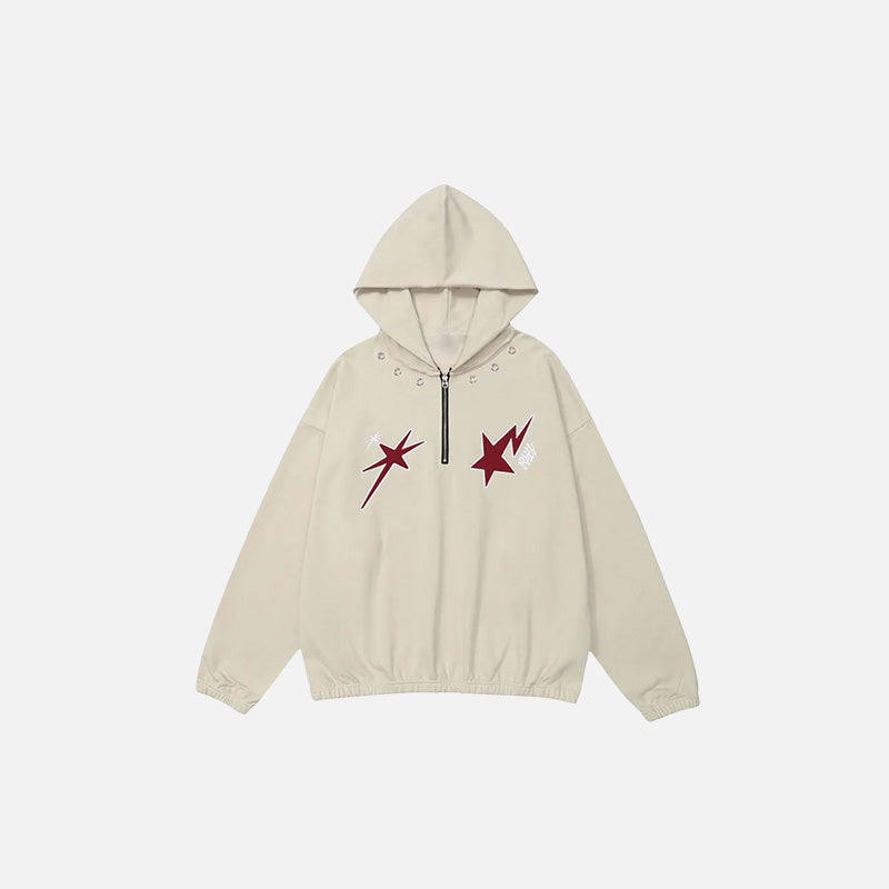 Front view of the beige Loose Star Embroidery Hoodie in a gray background